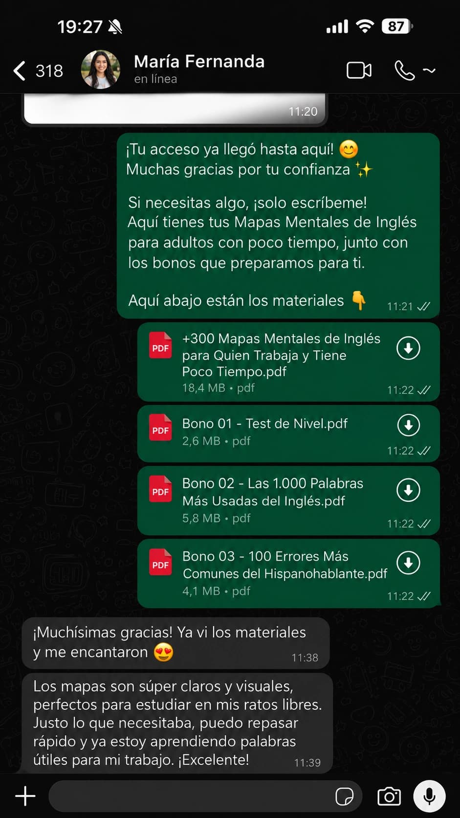 Conversación de WhatsApp con María Fernanda tras recibir el acceso
