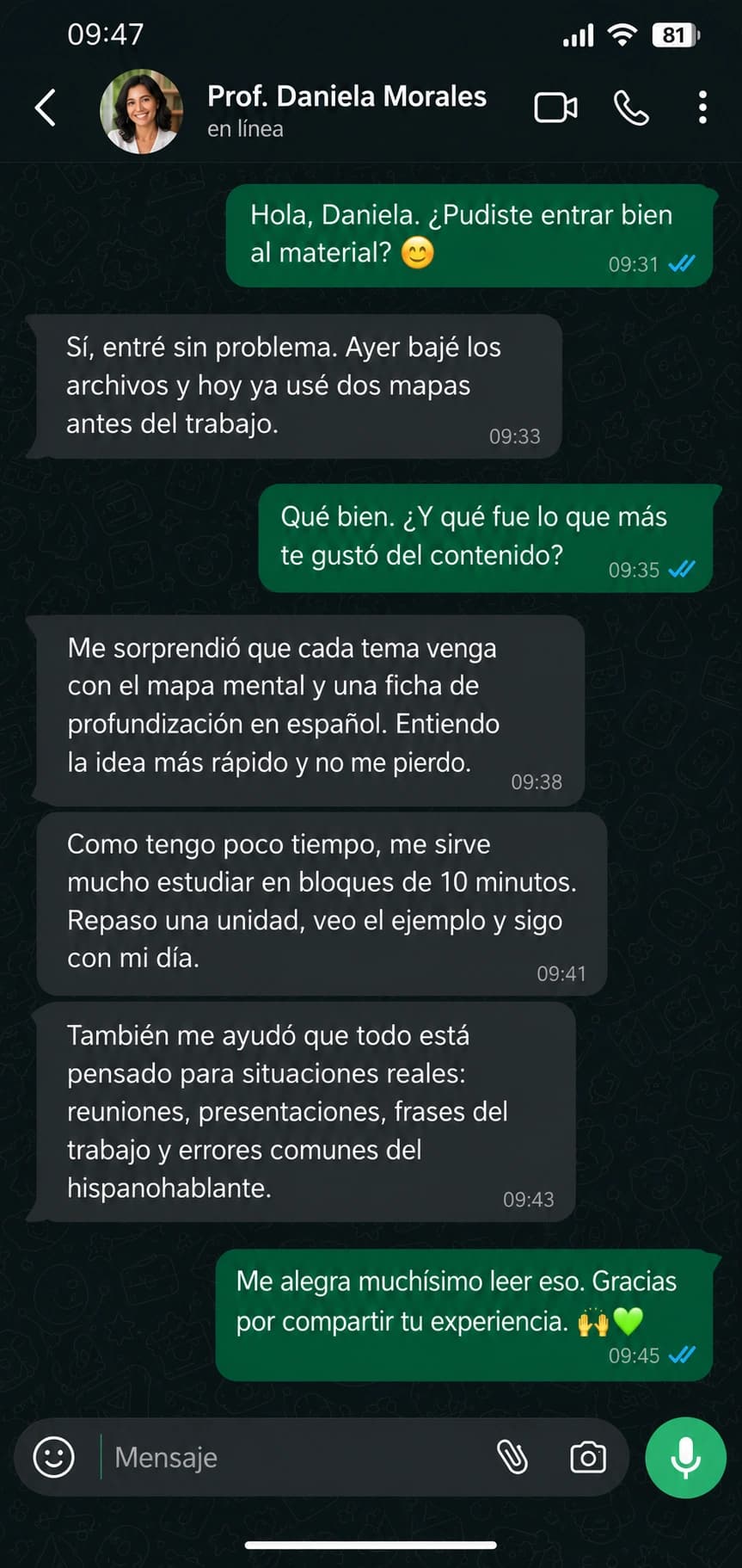 Conversación de WhatsApp con Daniela Morales sobre el material