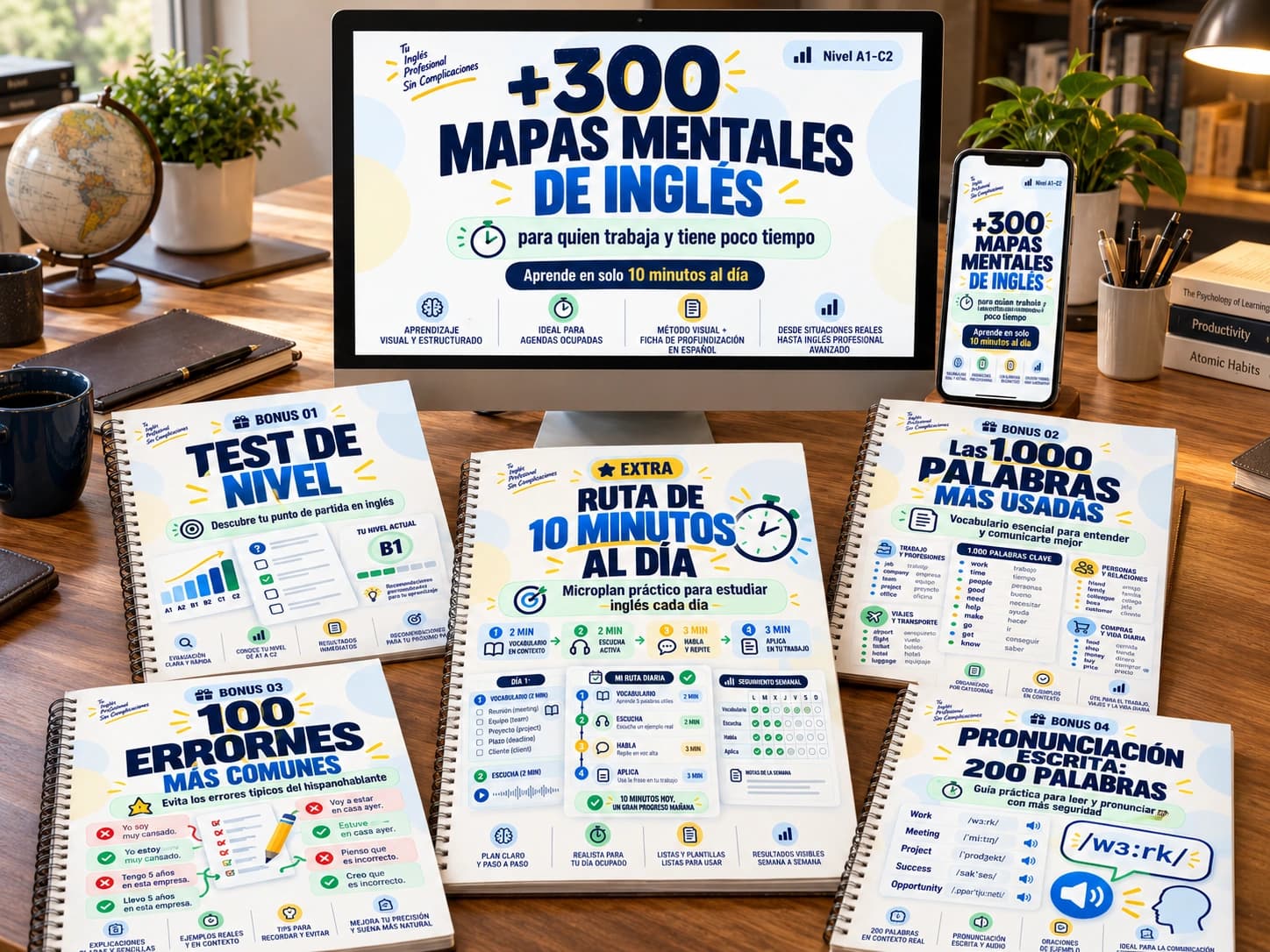 Kit completo de +300 Mapas Mentales de Inglés: guía principal en pantalla y celular, Ruta de 10 Minutos al Día, Test de Nivel, Las 1.000 Palabras Más Usadas, Los 100 Errores Más Comunes y Pronunciación Escrita